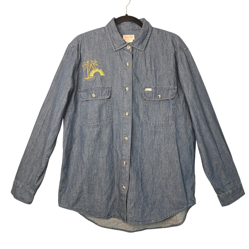 Brixton Shirt Womens Oversize Medium Chambray Denim Embroidered Palm Tree Hawaii